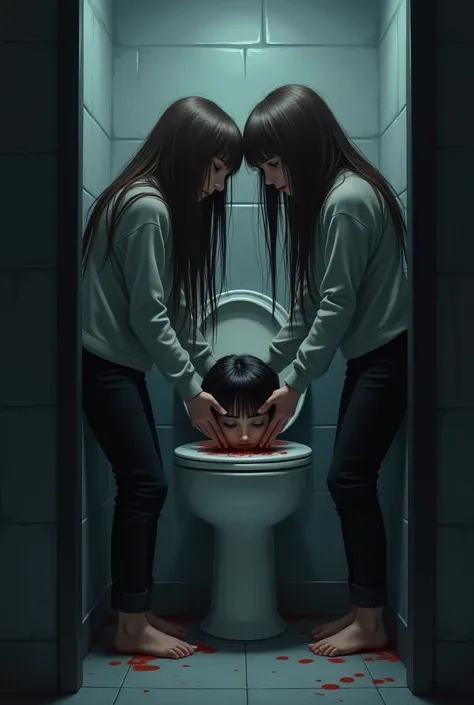 group of girls in grey sweaters ,black pants and long hair putting dead boy&#39;s head in the toilet