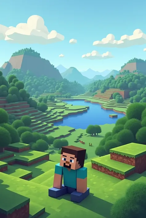 i want a landscape style minecraft image with a character sitting down