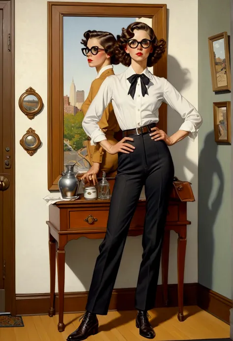 illustration peinture dans le style de norman rockwell d&#39;un beau mannequin aux cheveux bruns courts seins nus et un pantalon...