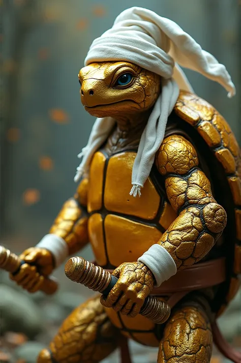 a mutant turtle with a golden shell, a white headband, and a gold and white nunchuck.