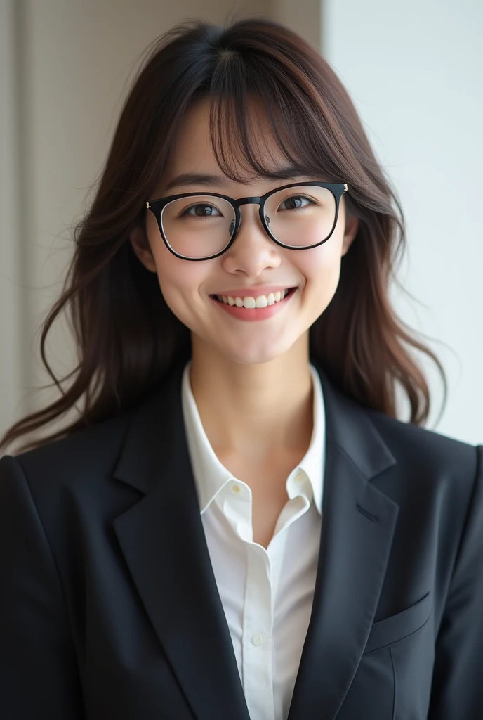 a japanese woman with a charming smile　glasses　bangs　brown hair　suit