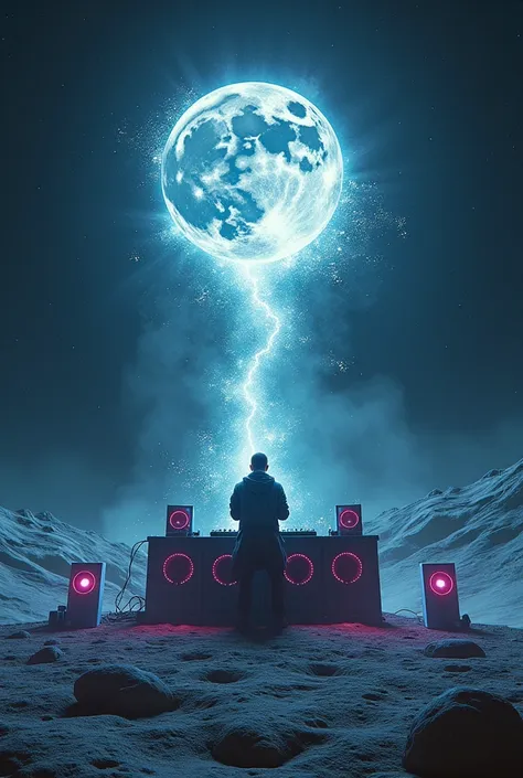 please create a very hypnotic image where a guy  is playing dj with full vibe on moon with big speakers and the lot of aliens ar...