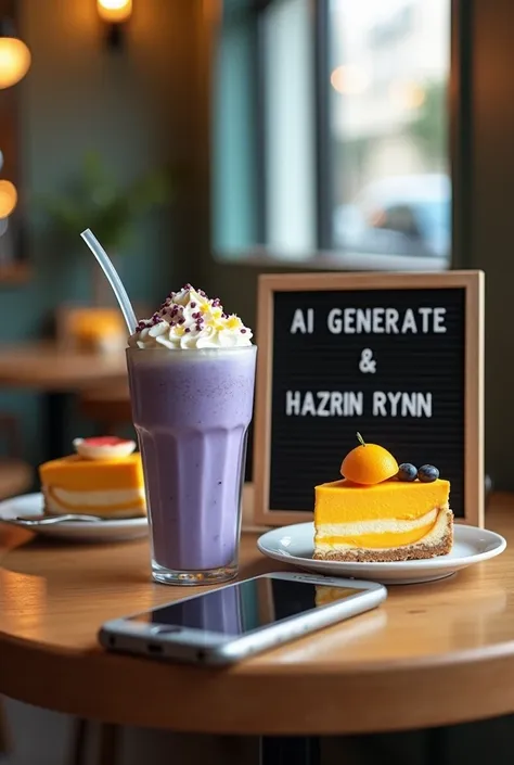 taken an iphone 5, a photograph of blueberries milkshake and mango cheesecake on the table at cafe. the signboard says "ai gener...