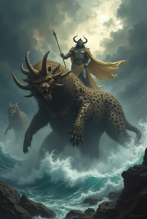 biblical god killing the beast that came up out of the sea with ten horns, seven heads, the appearance of a leopard, the feet of...