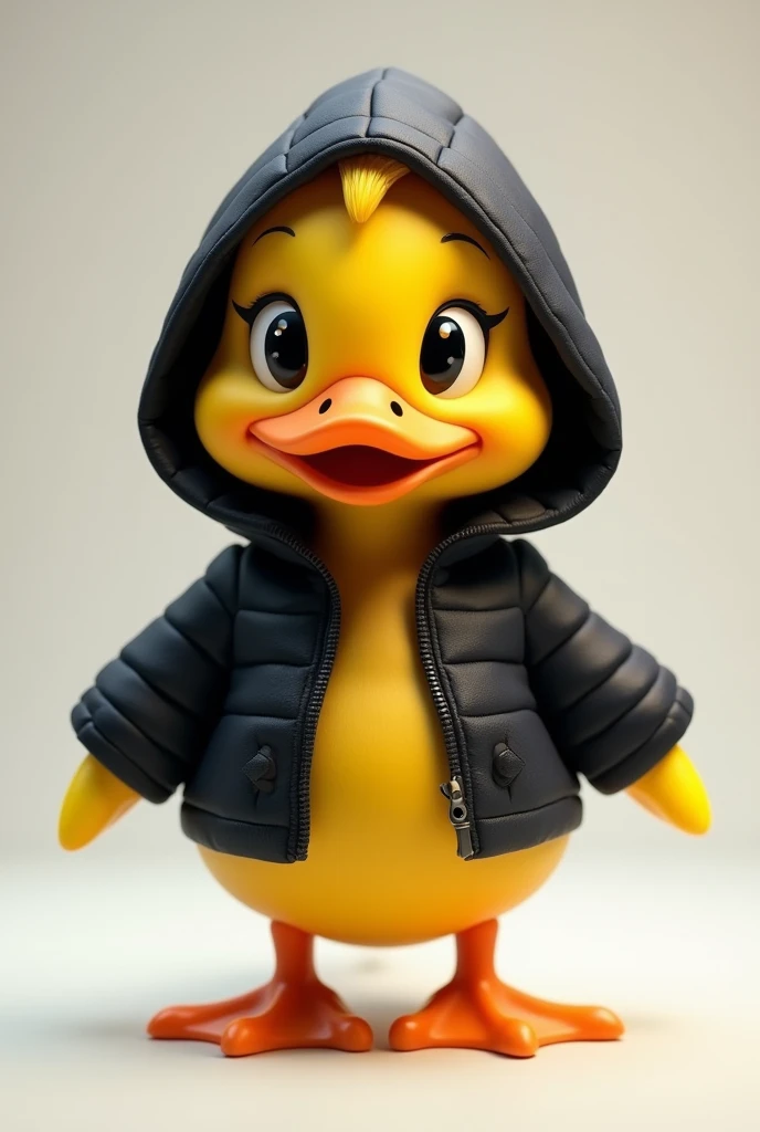 the duck has bright yellow plumage., but instead of its usual plumage, he is wearing a black hooded jacket that fits him very we...