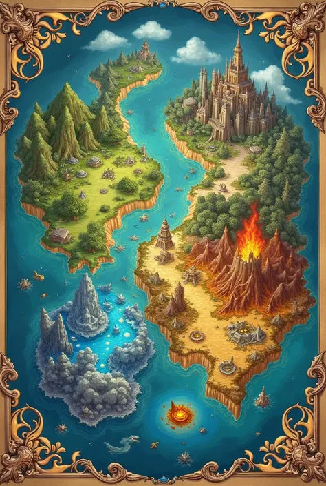 fantasy map with four countries name as verdant veil, enchanted heaven, moonshade isle and emberfall.