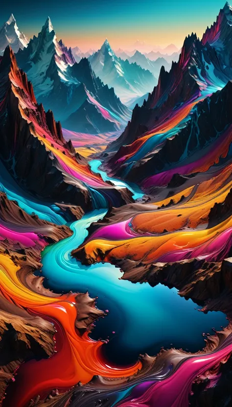 mountains made of colored liquid, landscape, abstract liquid colors in the dark, ultra hd, practical, bright colors, very detail...