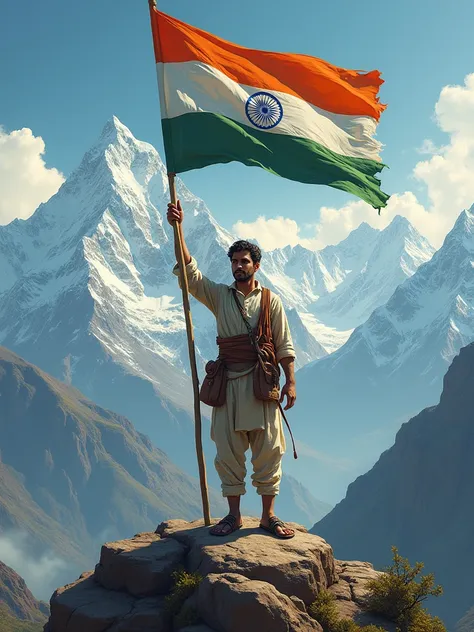 make a photo of india's great leader bhagat singh ji who is standing on the middle of the mountains by taking an india flag