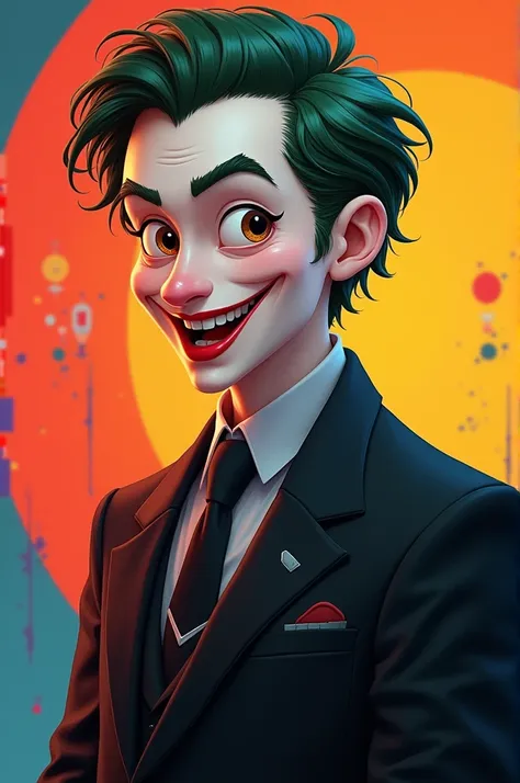 friendly joker face with short hair and black suit