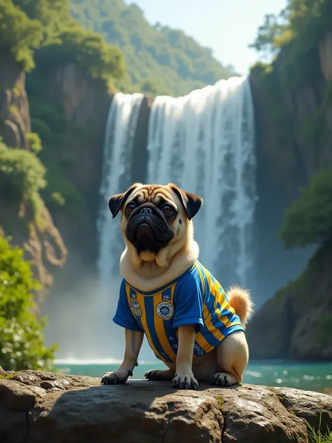 prompt: a landscape containing a waterfall, a pug dog dressed in the fluminense shirt