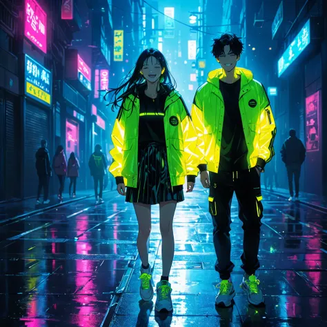 "an anime-style illustration of a man and a woman in darkness. the man is laughing, and both are dressed in street-style jackets...