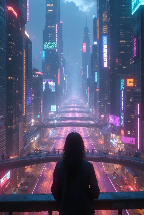 design a city as cyberpunk. view from a pedestrian bridge connected between buildings
let neon stand out in the image. being nig...