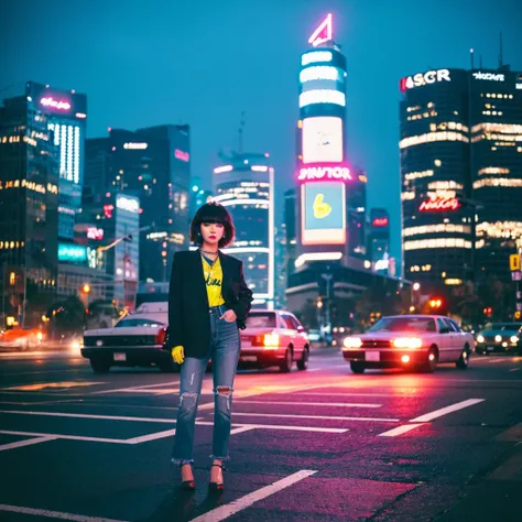 woman in 80s fashion、oversized blazer with shoulder pads、high-waisted jeans、neon accessories。neon-lit cityscape in the backgroun...