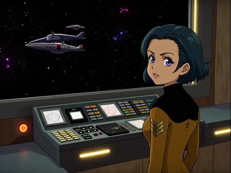 anime girl in starfleet uniform at console woth ships on viewscreen