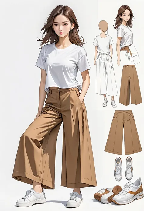 costume design drawing, a girl, on a white background, wearing a white t-shirt, brown wide-leg pants, white shoes, in the pictur...