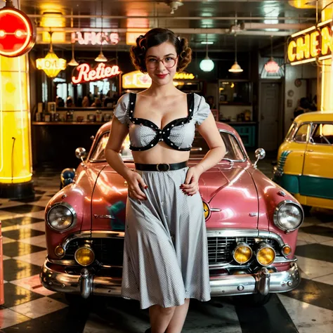 prompt: create a photorealistic image of anna, 25 years old, posing next to a classic car in a retro-themed diner setting. she i...