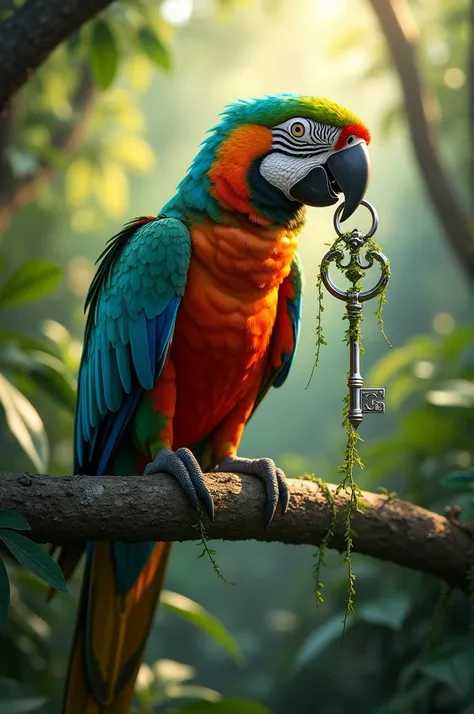 create a picture of a realistic parrot holding an unusual object in its beak