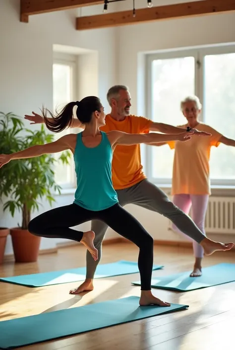 Make a picture with three people, a 20 year old woman, a 40 year old man and a 70 year old woman, everyone doing the same Pilate...