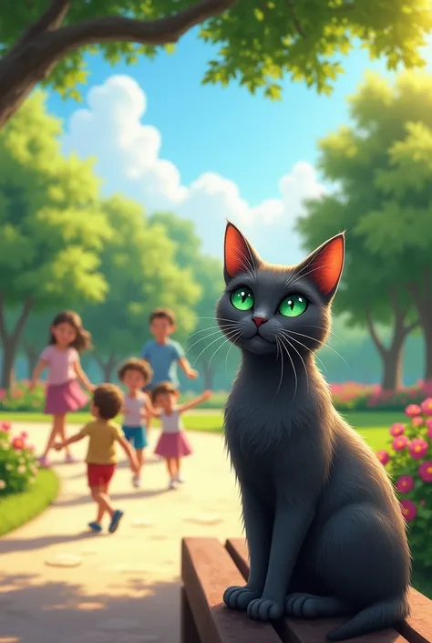 gray cat watching children playing in a park