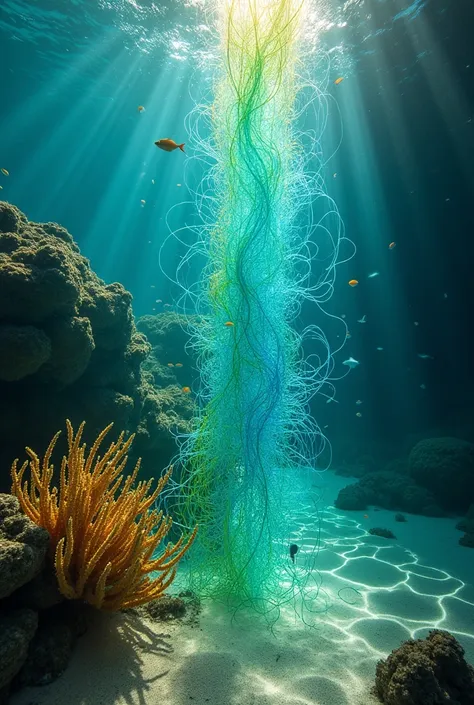 image realistic of bunch of fiber  optic like into the sea