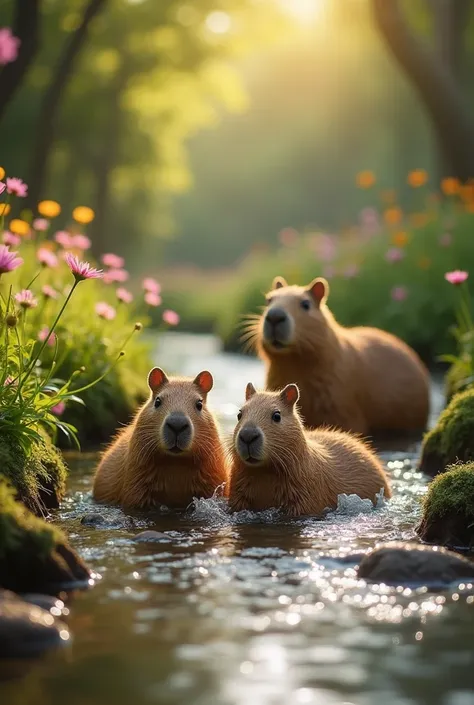 capybara with his mom and dad in a beautiful stream