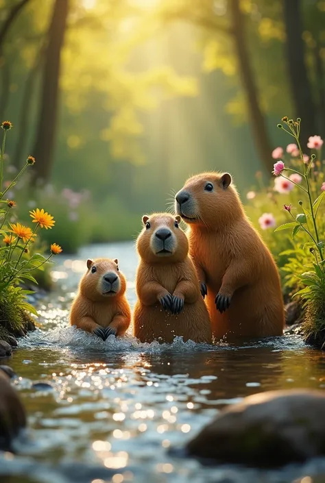 capybara with his mom and dad in a beautiful stream