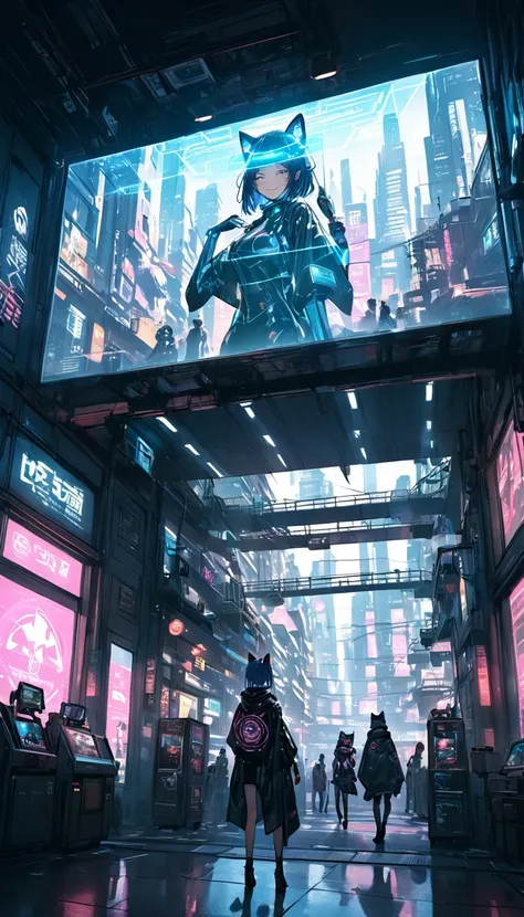 high resolution。accurate depiction。real。film-like grain。cyberpunk city seen from a large window in a sci-fi room, smile。hologram...