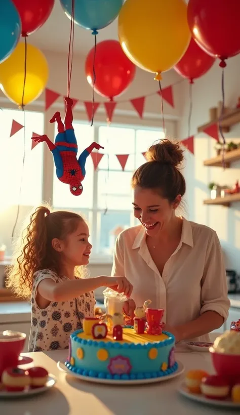 Spiderman celebrate kids birthday with her mom in the kitchen