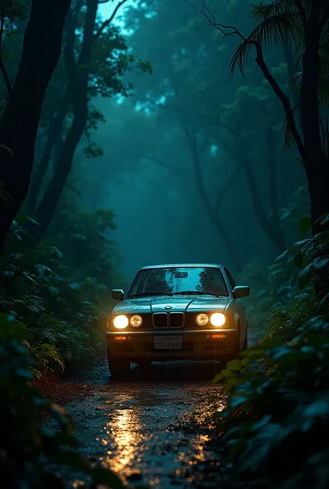 a man driving car at night in a jungle.