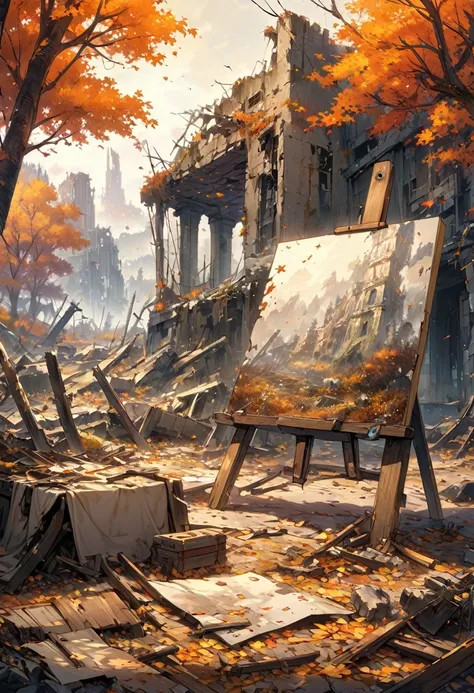 , ruins in late autumn, high quality, very detailed, illustration, time, canvas, chart, fancy,