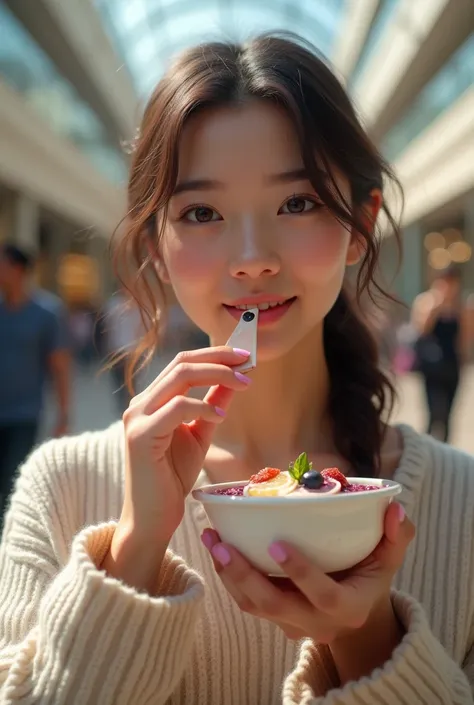 woman aged 25 to 35, at the mall brown eye eating acai ,  ultra hd, high qualiy, best qualityer, high resolution, 8k, 16k