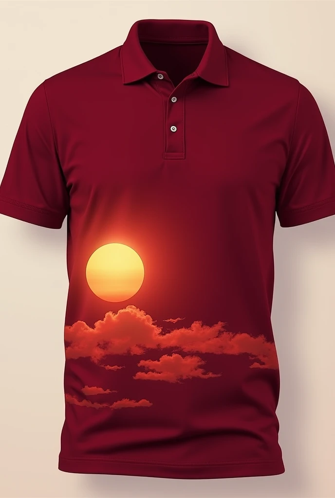 a colored polo shirt #270f2c, with silhouettes of a sun in the lower left corner, large and clouds in a lighter tone. no red or ...