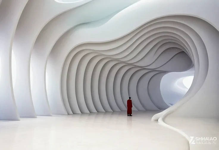 side view of a man standing in a large white room, in a futuristic desert palace, inspired by zha shibiao, by zha shibiao, cyber...