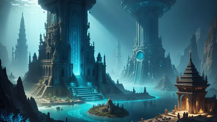 a detailed underwater city, a mythical underwater civilization, atlantis, an ancient sunken city, a lost underwater metropolis, ...