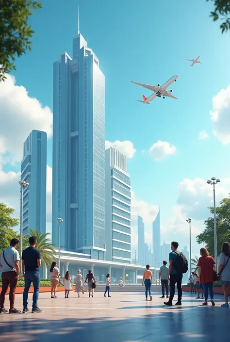 tourism management have a building backgroung and aeroplane in the sky and to many tourist from many country