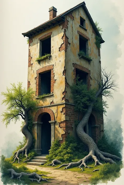 a tall, skinny abandoned house with peeling plaster, exposed brick, broken walls, and a large tree growing beside it, surrounded...