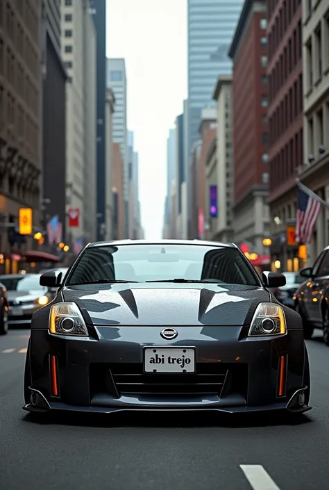 create a photo of a nissan 350z, with a background of buildings and that on the license plate holder says "abi trejo"