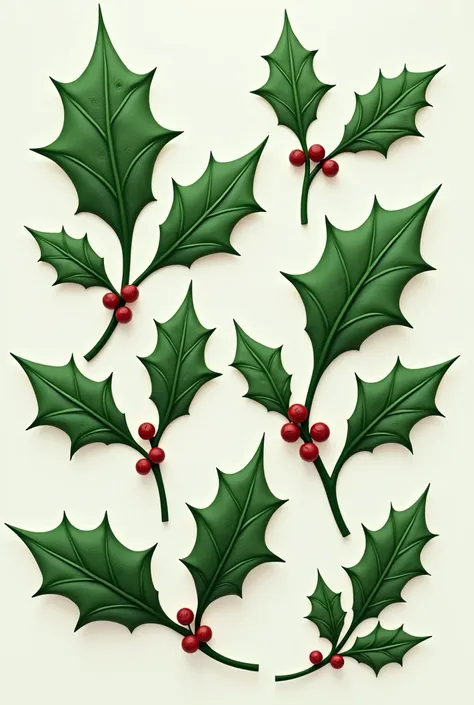 Draw me a 5 different sets of holly leaf with different  patterns 