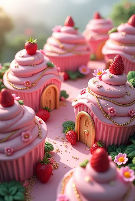 pastel pink  cupcake houses aeriel view  with gold elements and hot pink flowers and green leaves and strawberries