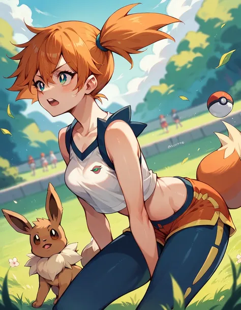 1 pokemon trainer kasumi, she would be surrounded by her 3 pokemons, um cinderace, 1 champion and 1 eevee, she is in a field tra...