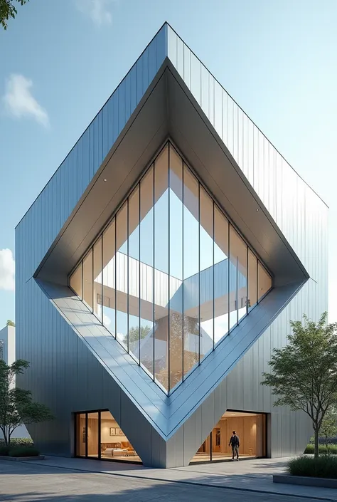 building in the shape of a rhombus and another rhombus in the center, with glass for natural lighting, that is functional