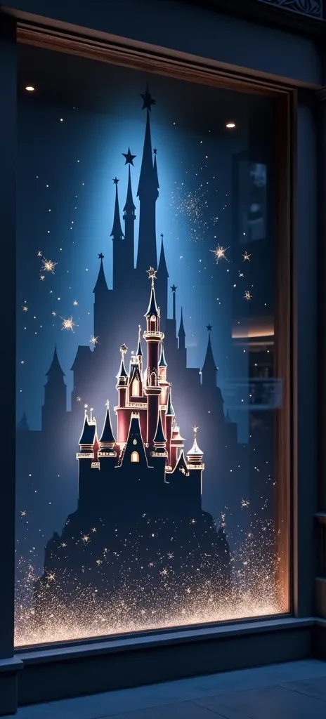 a scene from a store window. the background of the scene is dark blue with the shadow of the disney castle and star sparkles and...