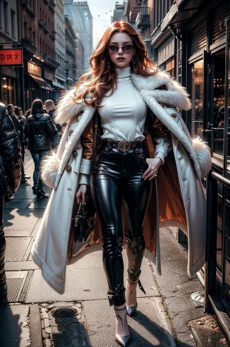 a beautiful young woman with long red hair, lora_emma, high waist leather pants, waist belt, a white fur coat, and sunglasses, s...