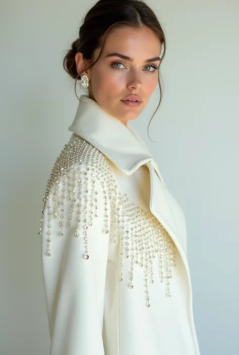 european woman model wearing white coat with rhinestones