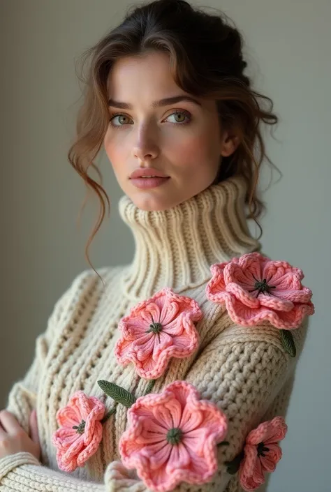 european woman model wearing thick beige knitted sweater with lots of crochet flowers in high relief, thick pink colors without ...