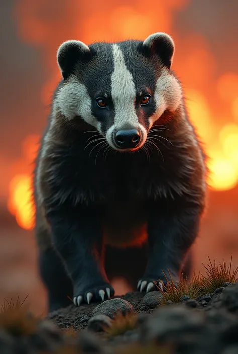 last stand feral badger green black fur red eyes. fire in background, focus on european badger, friendly badger, bunker in backg...