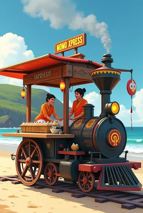 create a train engine like food cart for momos with 2 members working inside the cart which have length of 10 feet with 3 momo s...