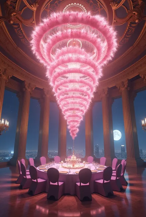 a tremendous god々shi　big beautiful chandelier　the number 10 covered in pink feathers　(((((((central 10))))))　((((((((number 10))...