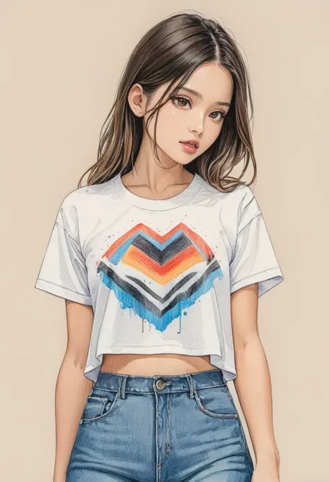 woman，cropped shirt，white，art，colored pencil sketch，ink painting