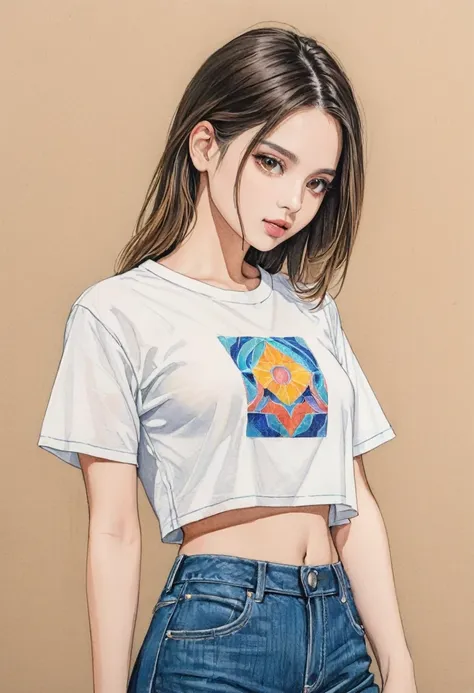 woman，cropped shirt，white，art，colored pencil sketch，ink painting